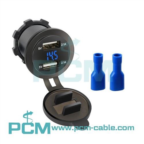 Soced charger car USB deuol Gyda foltmedr LED